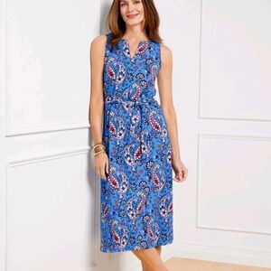 Talbots Effortless‎ Tie Waist Jersey Midi Dress Large Blue Paisley Floral